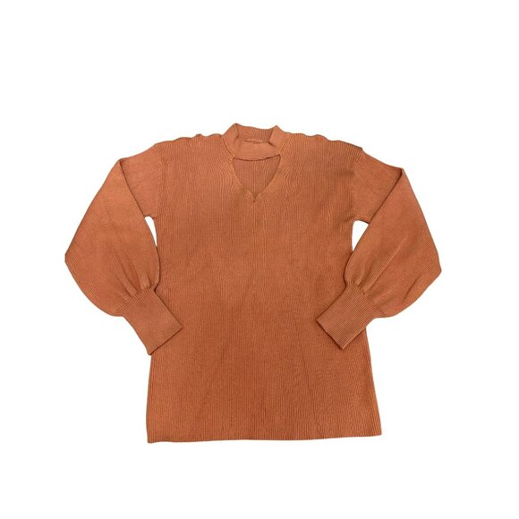 CCC Brown Cutout Sweater Ribbed Knit Gigi Neckline Bishop Sleeves Size Extra LG - Picture 5 of 8